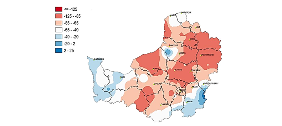 Figure 2. Rainfall deficit in France (2020) Bregeon, P., I. Chaillet, B. Normand, C. Torrecillas and N. Verjux (2020). Choisir & Decider – Lin fibre: Resultats et preconisations. Synthese nationale 2020. Paris, ARVALIS – Institut du vegetal.